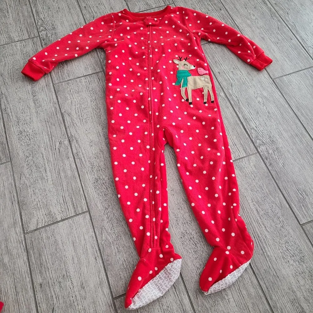 Carter's toddler girl long footed warm Christmas pajamas red reindeer size 3T